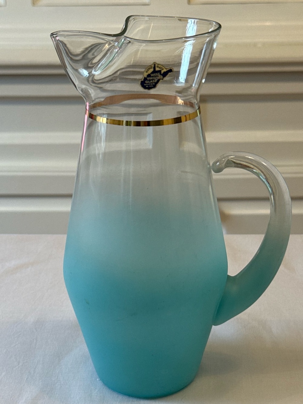 🩵 Vintage Blendo Turquoise Frosted Ombre Pitcher Gold Rim w/ Sticker MCM HTF